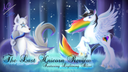 Size: 1024x576 | Tagged: safe, artist:animechristy, oc, oc only, oc:lightning bliss, oc:silver starling, alicorn, ambiguous species, pony, alicorn oc, classical, commission, raised hoof, review, sitting, the last unicorn, title card