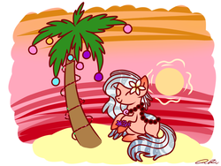 Size: 1400x1050 | Tagged: safe, artist:iheartjapan789, oc, oc only, oc:island tide, original species, pond pony, pony, christmas lights, eyes closed, female, mare, palm tree, solo, tree