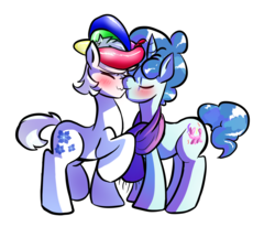 Size: 2558x2110 | Tagged: safe, artist:heyerika, double diamond, party favor, earth pony, pony, unicorn, g4, :3, balloon, blushing, cute, cutie mark, gay, high res, kissing, male, raised hoof, ship:partydiamond, shipping, simple background, stallion, white background