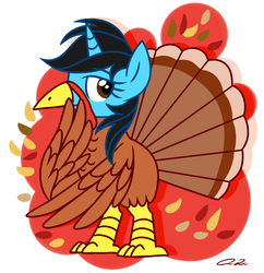 Size: 1024x1059 | Tagged: safe, artist:iheartjapan789, oc, oc only, oc:andrea, pony, turkey, unicorn, clothes, costume, female, mare, solo, thanksgiving, turkey costume