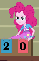 Size: 456x716 | Tagged: safe, screencap, pinkie pie, equestria girls, g4, my little pony equestria girls, balloon, bleachers, bracelet, clothes, female, jewelry, scoreboard, skirt, solo