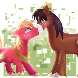 Size: 1600x1600 | Tagged: safe, artist:sugguk, big macintosh, trouble shoes, earth pony, pony, g4, big macintosh's yoke, blushing, cute, diabetes, freckles, gay, green eyes, hat, horse collar, looking at each other, male, shipping, smiling, stallion, straw in mouth, troublemac, unshorn fetlocks