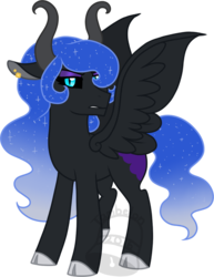 Size: 541x700 | Tagged: safe, artist:tambelon, oc, oc only, oc:lady hecate, pegasus, pony, cloven hooves, female, horns, interspecies offspring, mare, offspring, parent:lord tirek, parent:nightmare moon, simple background, solo, transparent background, watermark