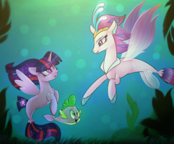 Size: 1421x1179 | Tagged: safe, artist:starchasesketches, queen novo, spike, twilight sparkle, alicorn, pony, puffer fish, seapony (g4), g4, my little pony: the movie, bokeh, fin wings, seaponified, seapony twilight, seaweed, species swap, spike the pufferfish, twilight sparkle (alicorn), underwater