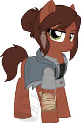 Size: 531x800 | Tagged: safe, artist:tambelon, pony, unicorn, bandage, broken horn, clothes, crossover, ellie, female, horn, jacket, jewelry, mare, necklace, ponified, roleplay, shirt, simple background, solo, the last of us, transparent background
