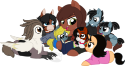 Size: 1024x546 | Tagged: safe, artist:tambelon, oc, oc only, oc:emma, oc:mason, oc:mia, oc:tyler, oc:winnie, oc:zoey, classical hippogriff, earth pony, griffon, hinny, hippogriff, hybrid, pegasus, pony, unicorn, book, clothes, colt, crossover, ellie, female, filly, foal, male, mare, ponified, roleplay, the last of us, the walking dead, watermark
