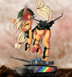 Size: 2480x2649 | Tagged: safe, artist:shogundun, applejack, rainbow dash, pony, how applejack won the war, g4, applebutt, butt, cannon, duo, female, freckles, giant pony, helmet, high res, kantai collection, looking back, m1 abrams, macro, mare, military, one eye closed, plot, smiling, tank (vehicle), underhoof, wink