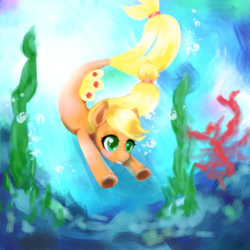 Size: 1260x1260 | Tagged: safe, artist:pediastrum, applejack, earth pony, pony, seapony (g4), g4, my little pony: the movie, female, freckles, mare, ocean, seaponified, seapony applejack, solo, species swap, underwater