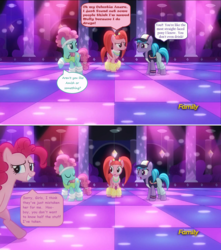 Size: 960x1084 | Tagged: safe, edit, edited screencap, screencap, azure velour, flashdancer, pacific glow, pinkie pie, pony, g4, the saddle row review, amish, comic, comic sans, drugs, screencap comic