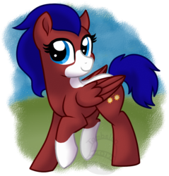 Size: 669x700 | Tagged: safe, artist:tambelon, oc, oc only, oc:foxy stripes, pegasus, pony, female, mare, simple background, solo, watermark