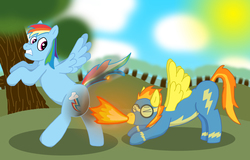 Size: 4032x2586 | Tagged: safe, artist:tacomytaco, rainbow dash, spitfire, pegasus, pony, g4, bipedal, burned, burned butt, burning, clothes, eyes closed, fire, fire breath, high res, literal, spread wings, uniform, wingboner, wings, wonderbolts uniform