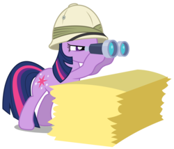 Size: 3507x3000 | Tagged: safe, artist:brony-works, twilight sparkle, pony, unicorn, feeling pinkie keen, g4, binoculars, female, hat, hay bale, high res, mare, pith helmet, simple background, solo, transparent background, unicorn twilight, vector