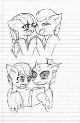Size: 1377x2106 | Tagged: safe, artist:jolliapplegirl, apple bloom, kevin, scootaloo, tender taps, changeling, earth pony, pegasus, pony, g4, female, grayscale, kevaloo, lined paper, male, monochrome, shipping, sketch, straight, tenderbloom, traditional art