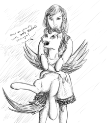 Size: 767x879 | Tagged: safe, artist:testostepone, lightning dust, human, pegasus, pony, g4, >no hooves, britt irvin, dialogue, female, grayscale, holding a pony, hug, human female, monochrome, sketch, spread wings, wings