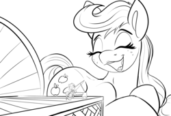 Size: 3500x2386 | Tagged: safe, artist:tsitra360, derpibooru exclusive, applejack, coloratura, g4, high res, lineart, macro, monochrome, open mouth, singing, stage