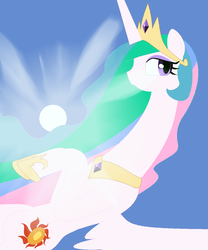 Size: 1000x1200 | Tagged: safe, artist:mangetsushingetsu, princess celestia, alicorn, pony, g4, crown, female, jewelry, looking at you, mare, peytral, regalia, simple background, solo, spread wings, sun, wings
