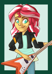 Size: 700x1000 | Tagged: safe, artist:xwreathofroses, sunset shimmer, equestria girls, g4, clothes, electric guitar, female, flying v, guitar, jacket, leather jacket, musical instrument, solo, sunset shredder