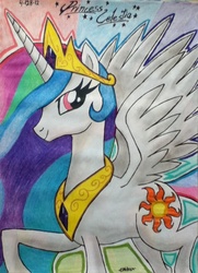 Size: 690x955 | Tagged: safe, artist:emichaca, princess celestia, alicorn, pony, g4, crown, female, jewelry, looking at you, mare, peytral, raised hoof, regalia, solo, spread wings, traditional art, wings