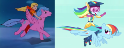 Size: 1868x729 | Tagged: safe, screencap, firefly, megan williams, rainbow dash, equestria girls, friendship games bloopers, g1, g4, my little pony equestria girls: friendship games, rescue at midnight castle, boots, bow, comparison, cowboy boots, female, hair bow, humans riding ponies, riding, self ponidox, self riding, shoes