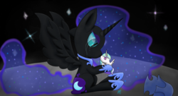 Size: 5120x2782 | Tagged: safe, artist:cashmeredraws, nightmare moon, princess celestia, alicorn, pony, g4, crying, female, high res, moon, plushie, sitting, solo, spread wings, stars, wings