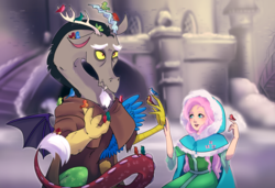 Size: 1041x713 | Tagged: safe, artist:gamblingfoxinahat, discord, fluttershy, bird, human, g4, beauty and the beast, cape, castle, cloak, clothes, crossover, dress, female, humanized, male, scene interpretation, ship:discoshy, shipping, snow, straight