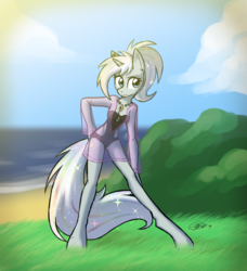 Size: 1024x1125 | Tagged: safe, artist:ketirz, oc, oc only, oc:prism, unicorn, anthro, unguligrade anthro, beach, clothes, ear piercing, earring, female, jewelry, mare, necklace, one-piece swimsuit, piercing, see-through, solo, swimsuit