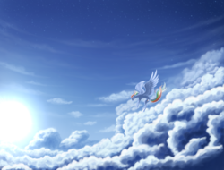 Size: 2048x1556 | Tagged: safe, artist:floralfly, rainbow dash, g4, cloud, female, flying, profile, scenery, solo, spread wings, stars, windswept mane, wings