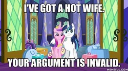 Size: 600x337 | Tagged: safe, edit, edited screencap, screencap, princess cadance, shining armor, alicorn, pony, unicorn, g4, my little pony: friendship is magic, the one where pinkie pie knows, image macro, meme, memeful.com, your argument is invalid