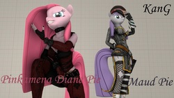 Size: 1280x720 | Tagged: safe, artist:kmg0047, maud pie, pinkie pie, earth pony, anthro, g4, 3d, clothes, duo, female, fingerless gloves, frown, gloves, gritted teeth, lidded eyes, mare, pants, pinkamena diane pie, smiling, source filmmaker