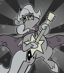 Size: 666x761 | Tagged: safe, artist:egophiliac, princess luna, alicorn, pony, moonstuck, g4, ask, awesome, brodyquest, cape, clothes, crowning moment of awesome, electric guitar, epic, female, filly, flying, guitar, like a boss, looking up, marauder's mantle, monochrome, musical instrument, partial color, solo, space, spread wings, stars, sunglasses, tumblr, wings, woona, younger