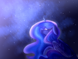 Size: 1600x1200 | Tagged: safe, artist:shiromidorii, princess luna, alicorn, pony, g4, female, floppy ears, lineless, looking away, looking up, mare, night, prone, signature, smiling, solo, stars