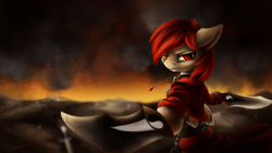Size: 2556x1440 | Tagged: safe, artist:spectrumblaze, oc, oc only, oc:crimson wings, pegasus, pony, bipedal, clothes, dual wield, gift art, looking at you, male, red eyes, red hair, serious, serious face, stallion, sword, weapon