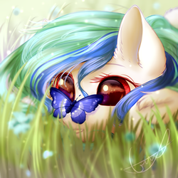 Size: 1024x1024 | Tagged: safe, artist:peachmayflower, oc, oc only, butterfly, pony, cute, eyes on the prize, female, fluffy, grass, grin, insect on nose, looking at something, mare, prone, smiling, solo, unshorn fetlocks