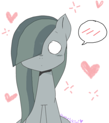 Size: 1068x1204 | Tagged: safe, artist:chametzkiwi, marble pie, earth pony, pony, g4, blushing, female, hair over one eye, sitting, solo