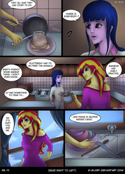 Size: 800x1120 | Tagged: safe, artist:g-glory, sunset shimmer, twilight sparkle, comic:up late, equestria girls, g4, cabinet, clothes, comic, dialogue, dishes, female, food, kitchen, lesbian, pajamas, pancakes, ship:sunsetsparkle, shipping, speech bubble, stove, window