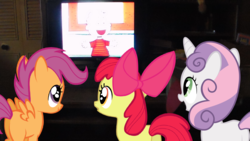 Size: 1696x954 | Tagged: safe, apple bloom, scootaloo, sweetie belle, g4, charlie brown, cutie mark crusaders, peanuts, television