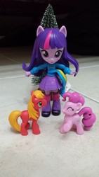 Size: 2322x4128 | Tagged: safe, artist:horsesplease, photographer:horsesplease, big macintosh, pinkie pie, twilight sparkle, equestria girls, g4, doll, equestria girls minis, eqventures of the minis, high res, irl, male, photo, pinkiemac, ponied up, shipper on deck, shipping, straight, toy, tree, twilight the shipper