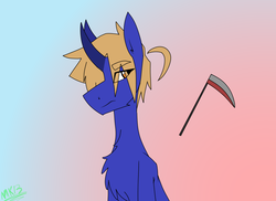 Size: 1172x854 | Tagged: safe, artist:moonakart13, artist:moonaknight13, oc, oc only, pony, unicorn, antenna, chest fluff, frown, gradient background, hair antenna, scythe, solo