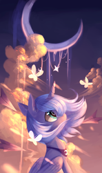 Size: 1600x2700 | Tagged: dead source, safe, artist:gianghanz, princess luna, alicorn, butterfly, pony, g4, crescent moon, cute, female, filly, high res, looking up, lunabetes, moon, profile, sitting, sky, solo, twilight (astronomy), windswept mane, woona, younger
