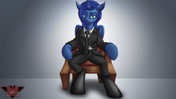 Size: 3840x2160 | Tagged: safe, artist:tsaritsaluna, princess luna, alicorn, pony, g4, alternate hairstyle, chair, clothes, high res, looking at you, necktie, sitting, suit, vladimir putin