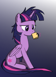 Size: 3396x4666 | Tagged: safe, artist:ravio-li, twilight sparkle, alicorn, pony, g4, coffee, cup, drinking, female, glowing horn, gradient background, high res, horn, magic, messy mane, morning ponies, sitting, solo, twilight sparkle (alicorn)