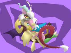 Size: 4000x3000 | Tagged: safe, artist:geraritydevillefort, discord, fluttershy, g4, butterscotch, eris, fangs, female, high res, male, one eye closed, rule 63, ship:discoshy, ship:eriscotch, shipping, straight, wink
