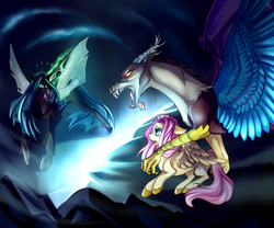 Size: 3000x2500 | Tagged: dead source, safe, artist:juliagoldfox, discord, fluttershy, queen chrysalis, changeling, changeling queen, draconequus, pegasus, pony, g4, confrontation, female, floppy ears, high res, magic, open mouth, protecting, scared, unshorn fetlocks, yanderecord