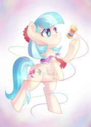 Size: 3000x4200 | Tagged: safe, artist:drawntildawn, coco pommel, earth pony, pony, g4, female, high res, mare, rainbow thread, raised hoof, rearing, smiling, solo, watermark
