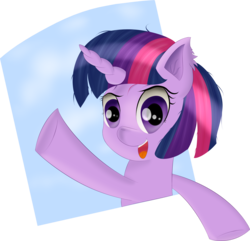 Size: 3423x3300 | Tagged: safe, artist:brok-enwings, twilight sparkle, pony, unicorn, g4, female, high res, mare, open mouth, simple background, solo, transparent background, waving