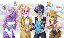 Size: 1500x900 | Tagged: safe, artist:uotapo, idw, calamity mane, cauldron bubbles, marian, nosey news, quill (character), human, pigasus, equestria girls, g4, chaps, clothes, cowgirl outfit, dress, equestria girls-ified, glasses, hat, open mouth, panties, panty shot, side slit, speech bubble, suit