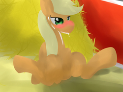 Size: 800x600 | Tagged: safe, artist:one$hot, applejack, earth pony, pony, g4, barn, blushing, female, hooves, lineless, mare, sitting, solo, sweat