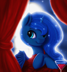 Size: 1200x1300 | Tagged: safe, artist:moondreamer16, princess luna, g4, alcohol, backlighting, beautiful, clothes, crossed hooves, curtains, cute, dress, female, full moon, glass, glowing, looking at you, looking sideways, lunabetes, moon, red dress, smiling, solo, sparkly mane, wine, wine glass