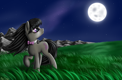 Size: 3800x2500 | Tagged: safe, artist:pony-stark, octavia melody, earth pony, pony, g4, beautiful, draw this again, female, field, full moon, high res, moon, mountain, night, paint tool sai, redraw, solo, windswept mane
