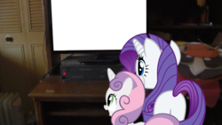 Size: 1696x954 | Tagged: safe, rarity, sweetie belle, g4, butt, buttercup (powerpuff girls), exploitable, irl, photo, plot, ponies in real life, rear view, television, the powerpuff girls